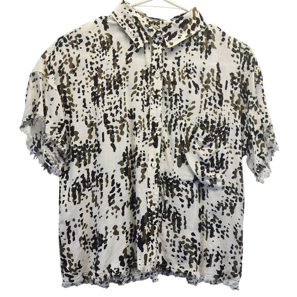 Womens For The Republic Abstract Jungle Dot Rayon Button-Front Shirt - Picture 1 of 12